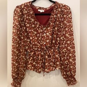 Blu Pepper Rust and Gold Accented Floral blouse with Sheer Sleeves